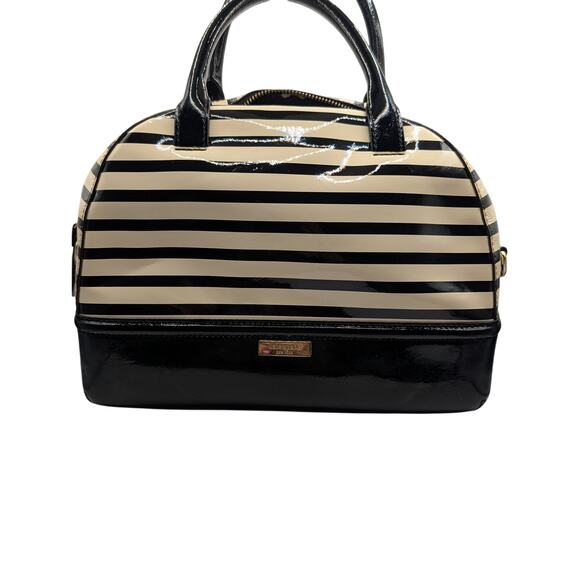 Kate Spade New York Black & Cream Striped Patent Dome Satchel Bag (Bow Accent) - Picture 1 of 7